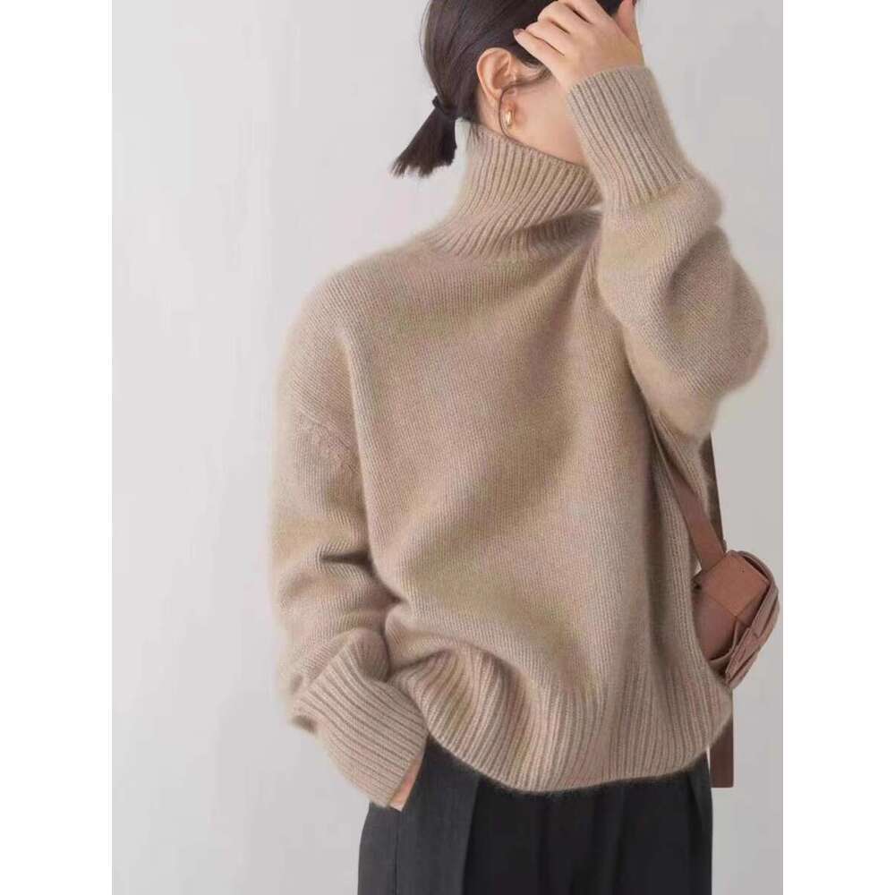 Autumn Winter New High Collar 100% Pure Cashmere Thick Knit Pullover Sweater Women Loose Languid Breeze