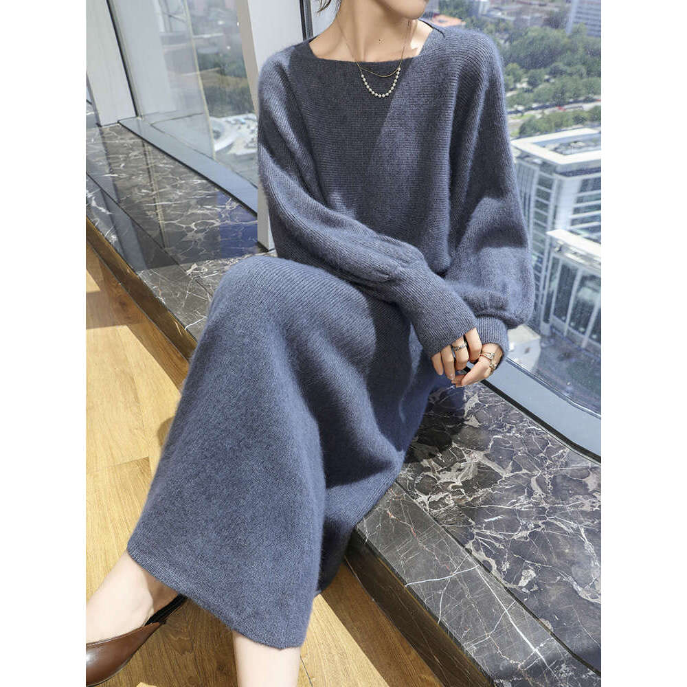Women One Collar Dresses 100% Mink Cashme Knit High Quality Sweater Top And Skirt Two-Piece Female Clothing Soft Suit