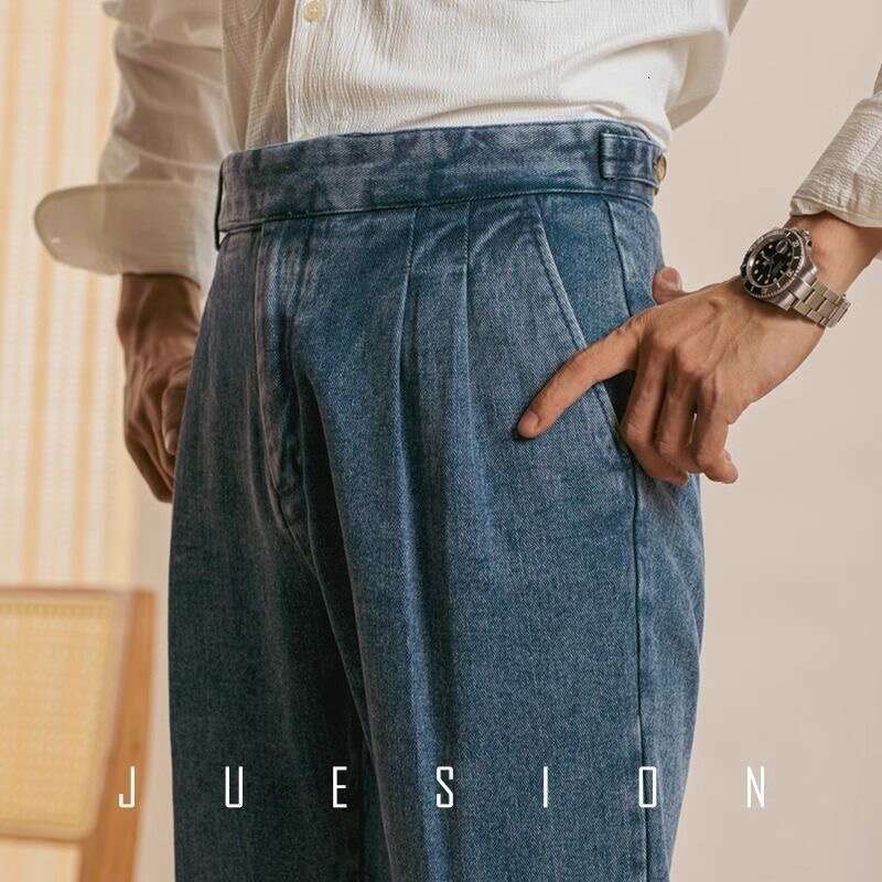 Men's Naples denim pants, English style double pleated waist button pants, business casual retro denim pants, street wear, gentlemen