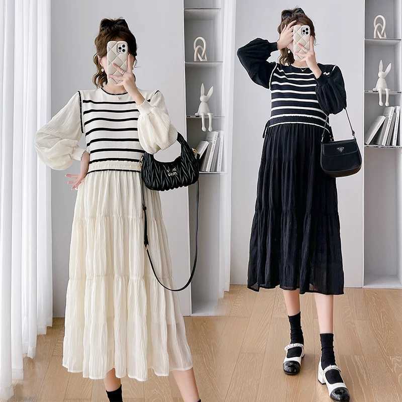 Autumn maternity dress block color striped patch work long lantern sleeve patch work womens pleated maternity dress W241026