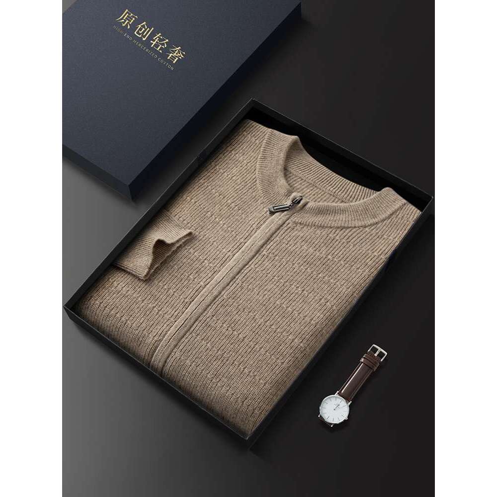 High Quality Autumn Winter Sweater 100% Cashmere Cardigan Long Sleeve O-Neck Zipper Coat Large Size Men Jacket Knit Shirt