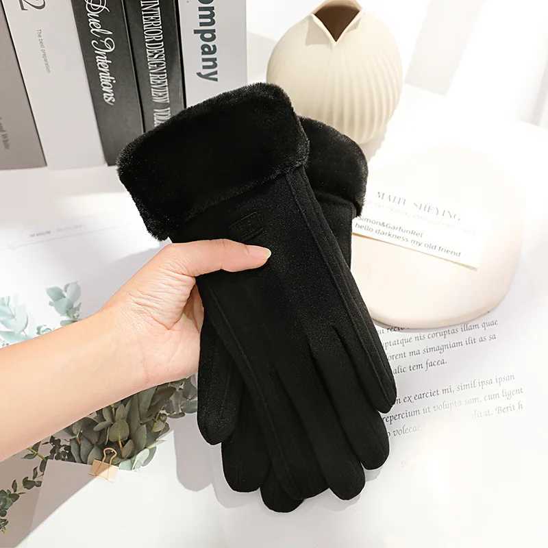 Womens Winter Thick Plush Gs Fashion Warm Suede Outdoor Tube La Touch Screen Driving Gs Sports Bicycle Gloves W241026