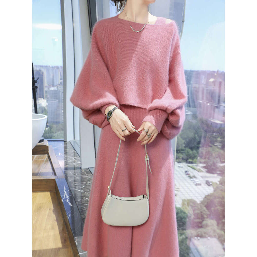 Women One Collar Dresses 100% Mink Cashme Knit High Quality Sweater Top And Skirt Two-Piece Female Clothing Soft Suit