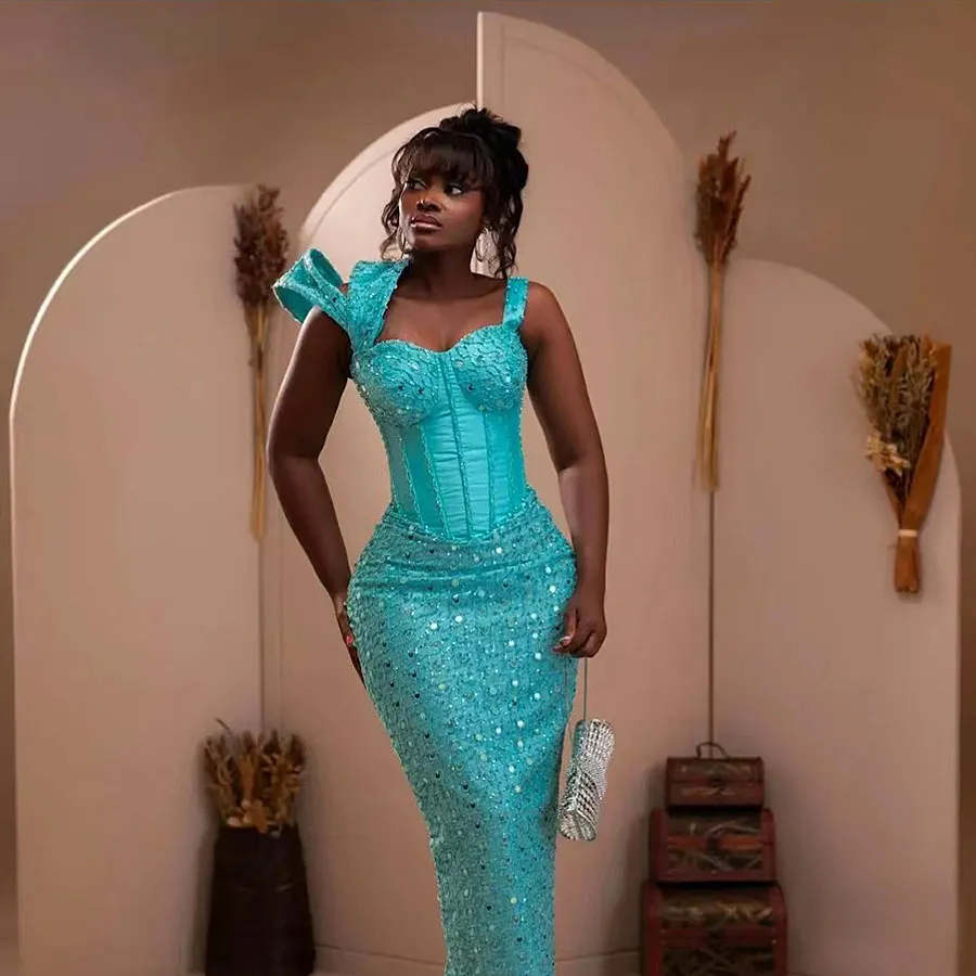 Shine Sequins Lace Sheath Prom Dresses Beaded Sweetheart Straps Ankle Length African Aso Ebi Birthday Party Gown Evening Formal Party Events Dress Bac