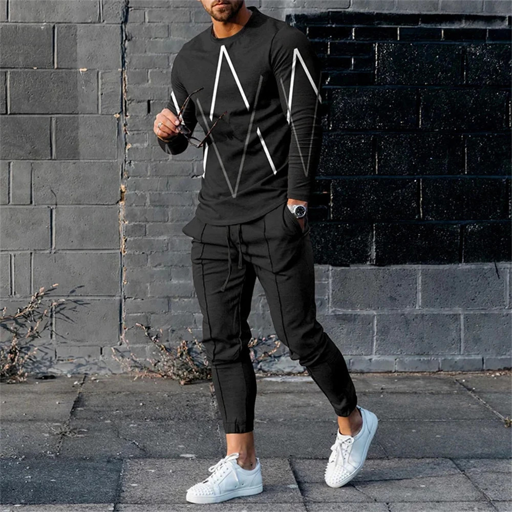 Dark Green Stripes Y2K Men Spring AutumnRound Neck Tracksuit Casual Long Sleeve TShirtPants Suit 2Pcs Set Man Clothes 241025