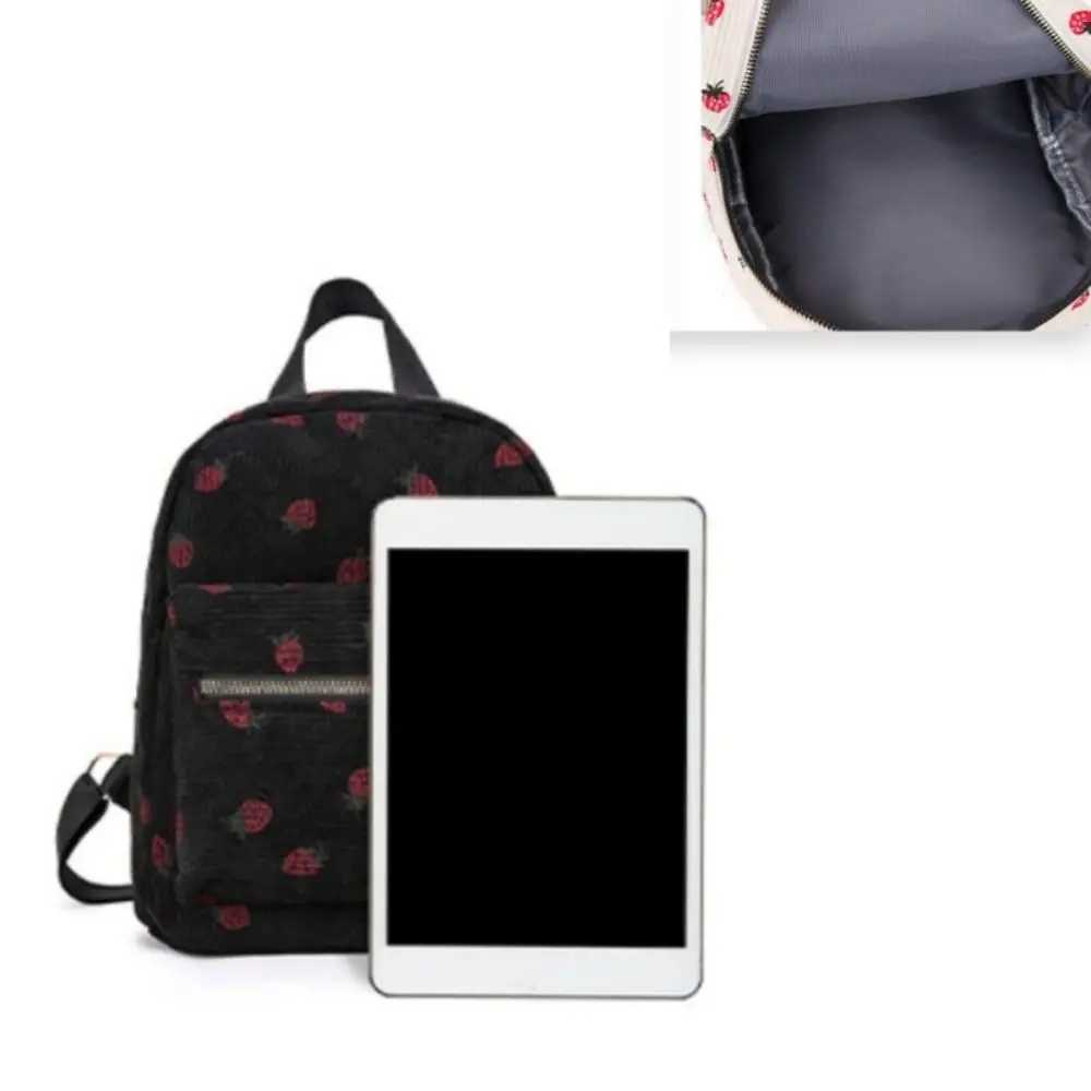 Corduroy Strawberry Backpack Large Capacity Multi-pockets Travel Backpack Strawberry Pattern Adjustable Strap Daily RucksackXJ241026