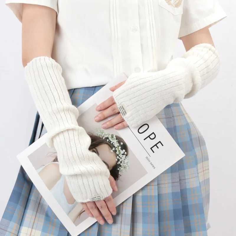 Womens Y2K Fashion Finger Gloves White Black Cosplay Anime Gs Winter Arm Warmth Gothic Harajuku Knitted Gloves Arm Sleeves W241026