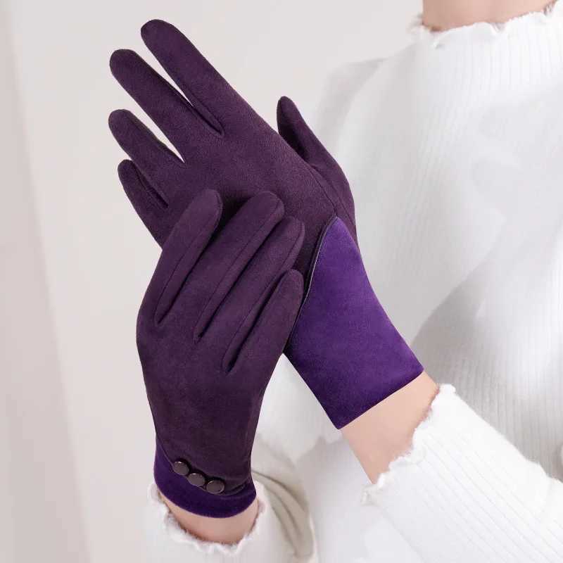 Fashionable and Warm Suede Touchscreen Gs Suitable for Womens Autumn and Winter Warmth Plus Velvet Thickened Outdoor Sports Bicycle Driving Gloves W24