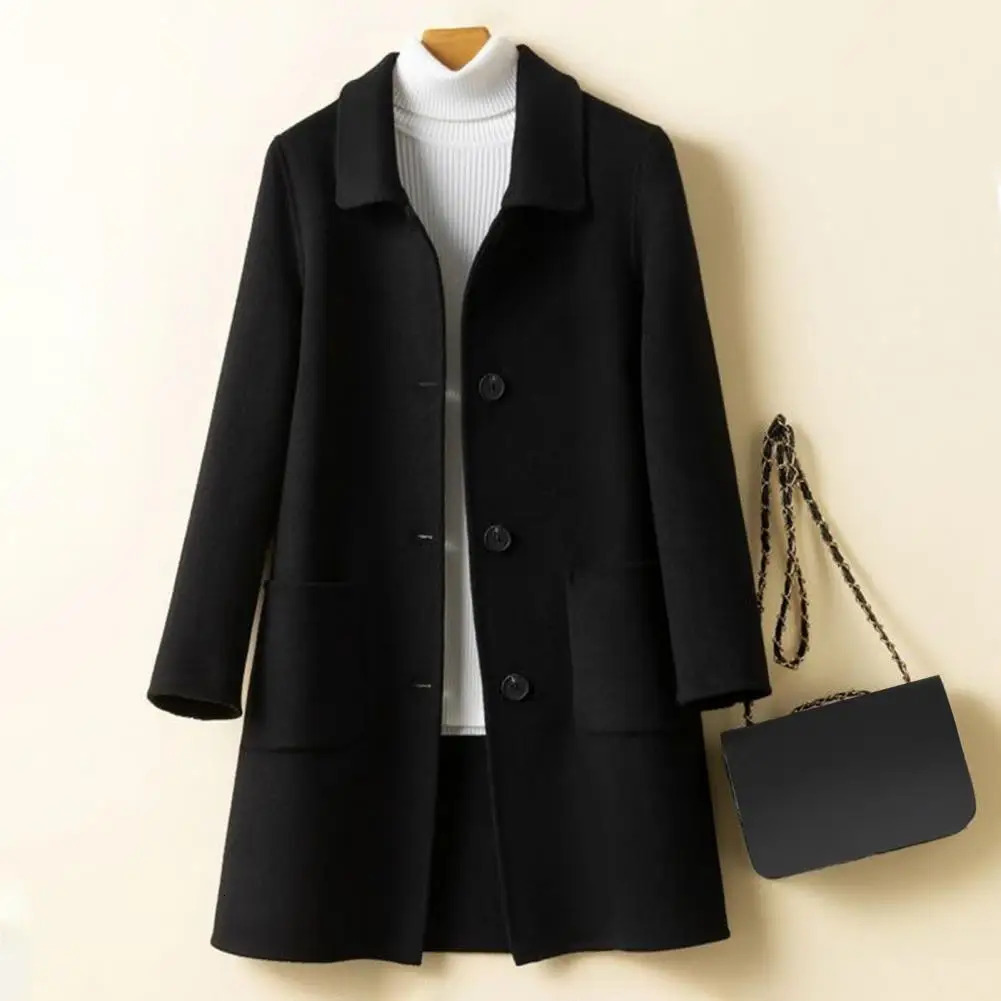 Womens Long Sleeve Wool Blend Coat Winter PocketsThickened Woolen Cardigan Jacket Fashion Pockets Coldproof 2023 241025Z