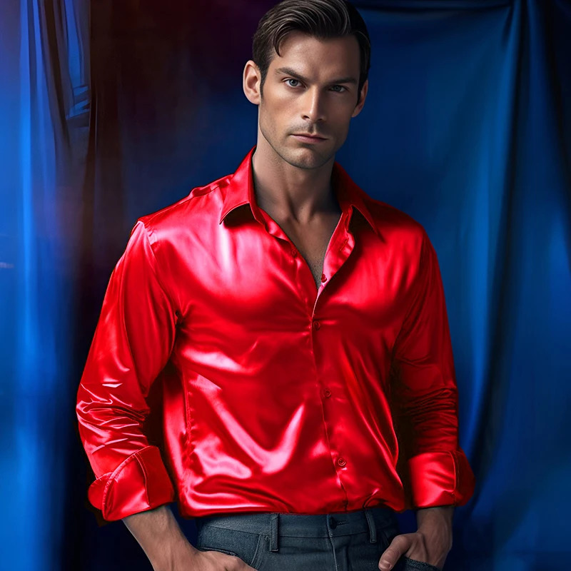 Mens Satin Dress Shirts Fashion Silk Smooth Male Tuxedo Shirt Solid Wedding Party Prom Casual Business Office 241025