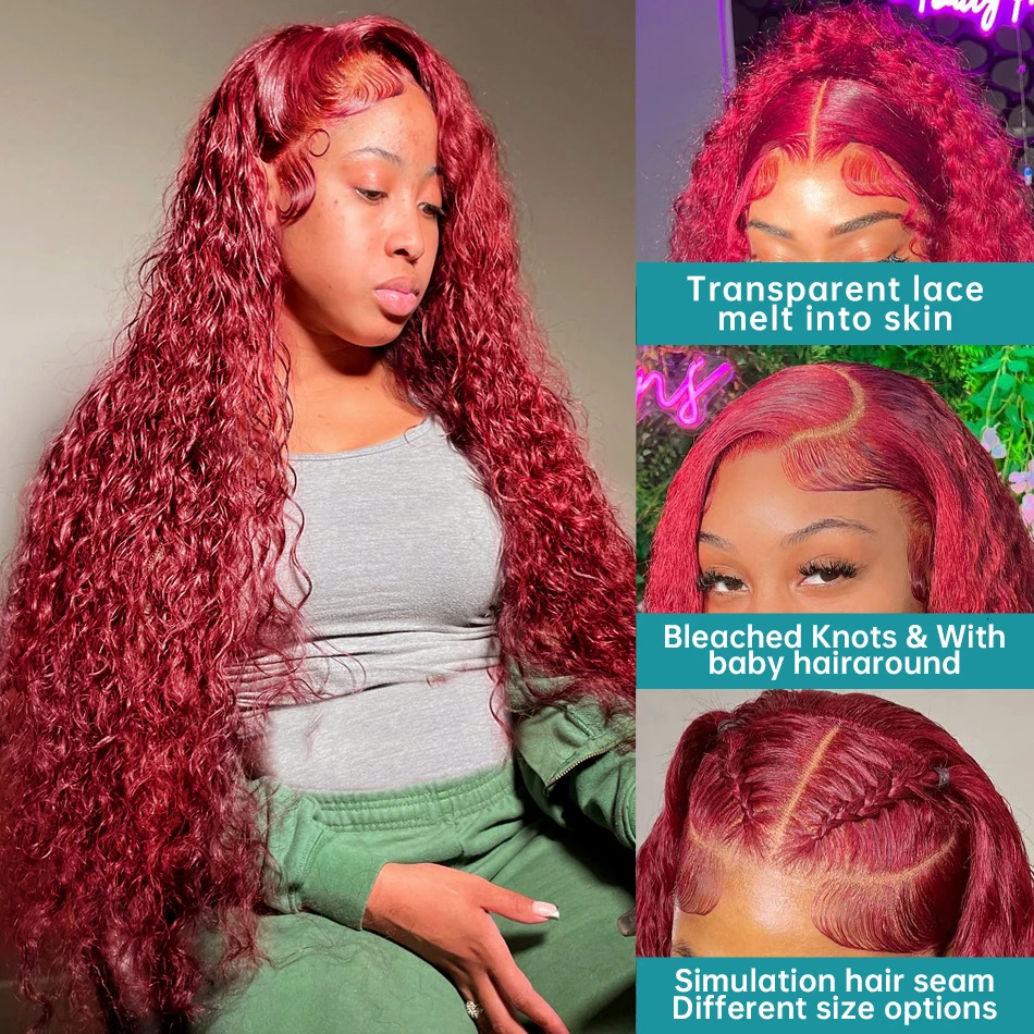 13x4 HD 99J Bury Deep Wave Front 220 Density Curly 30 34 Inches 13x6 Lace Frontal Human Hair Wig Red Wine For Women