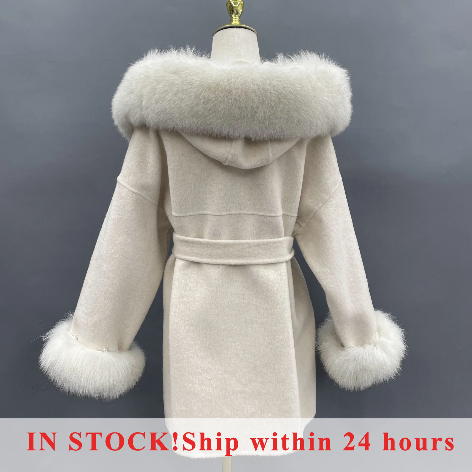 MISSJANEFUR Wool Coat with Real Fur Collar Cuff Women 2023 Fashion Belted Cashmere Coats Warm Winter Hooded Trench Peacoat 241025