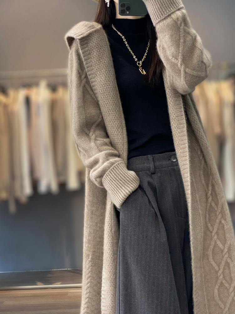 Autumn Winter 100% Merino Wool Women's Cardigan Sleeve Sweater Loose Warm Cashmere Knitwear Fashion Female Long Coat