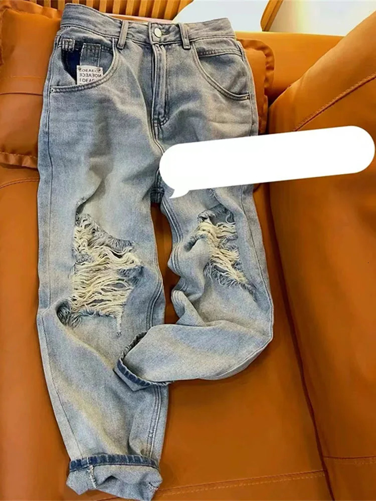 Vintage Ripped Jean Summer Holes Tassel Denim Pants Light Blue Trousers Female Wide Leg High Waist Straight Jeans 4XL 241025