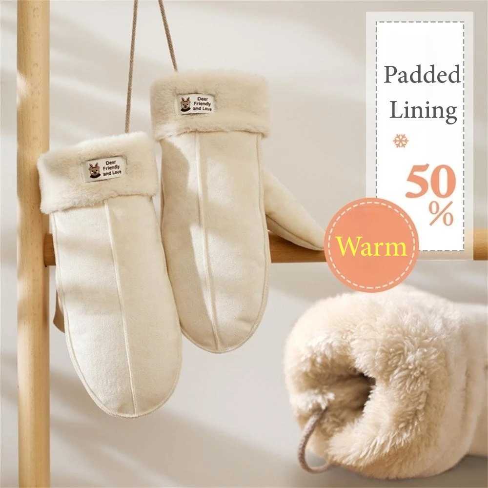 Womens suede plush hanging collar Gs winter warmth Gs outdoor skiing refrigeration student gloves Christmas gift W241026