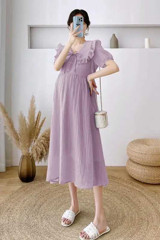 Cute pleated O-neck pregnant A-line dress 2024 summer Korean fashion elegant pregnant womens clothing W241026