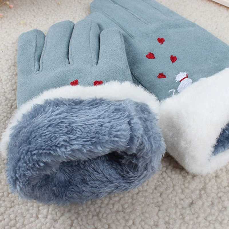 New winter women keep warm touch screen Gs driven bicycle fashionable and elegant cat embroidery cute thick suede leather W241026