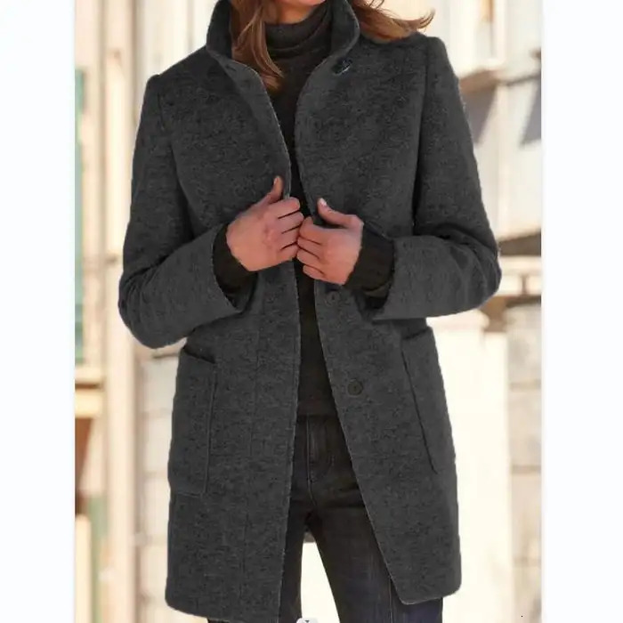 Womens Parka Warm Trench Coat Wool Blend Jacket Casual Retro Button Clre Solid Color Stand Collar Winter 241025