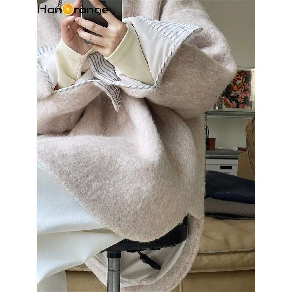 Hanorange 2024 Winter Casual Lazy Long Wool Coat Women Pullover Warm Silhouette Solid Color Outwear Female Grey/Pink