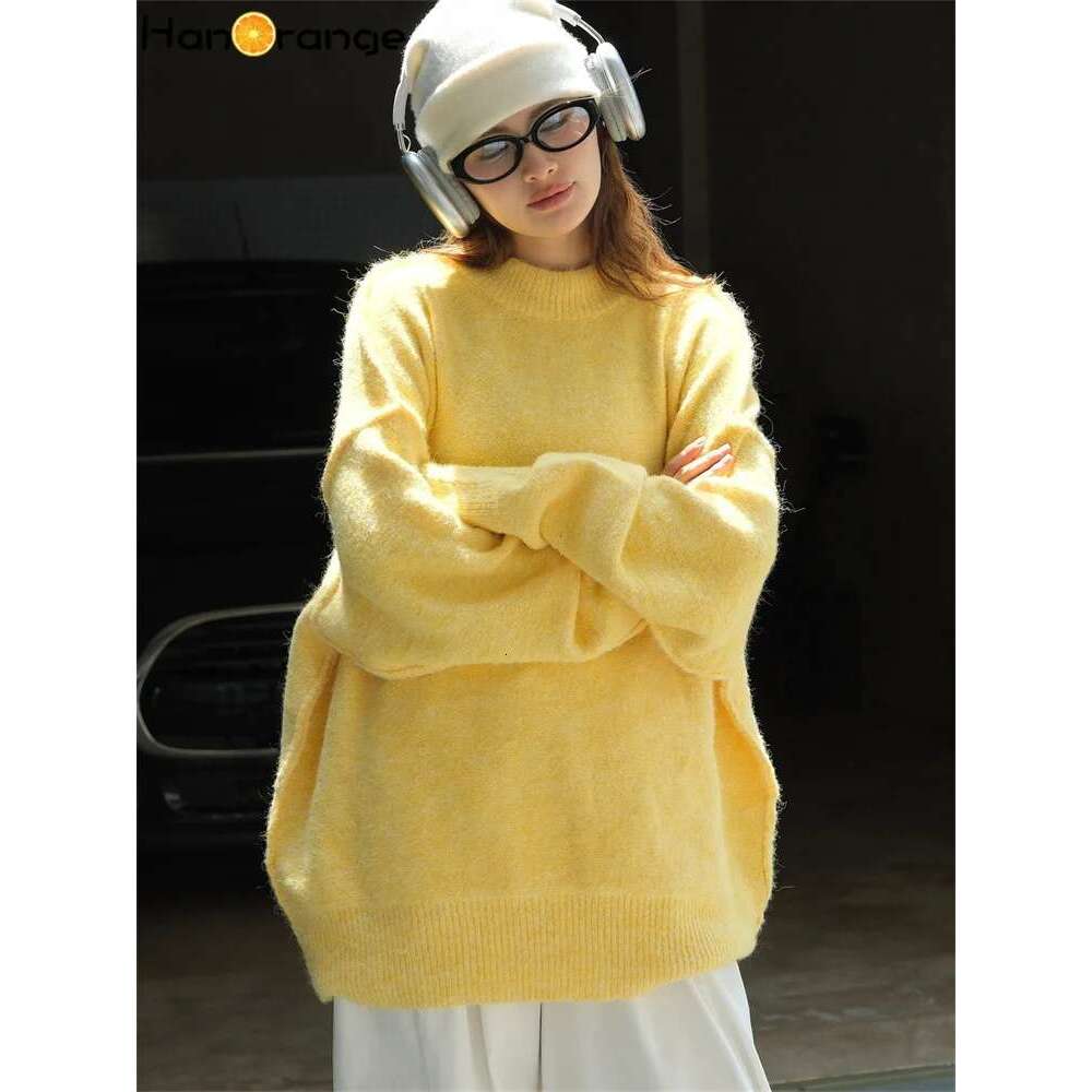 Hanorange 2024 Autumn Winter Lazy Pullover Wool Sweater Women Loose Silhouette Warm Comfortable Knitting Top Yellow/Blue