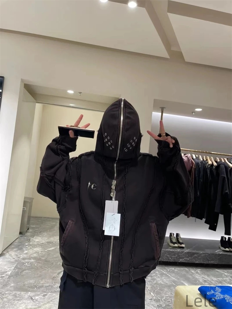 Y2K THUG CLUB VIBE Wash Wax Dyed Zipper Shark Masked Hoodie Short hoodie Mens Fashion Casual Loose Top High Street Korean Style 241025
