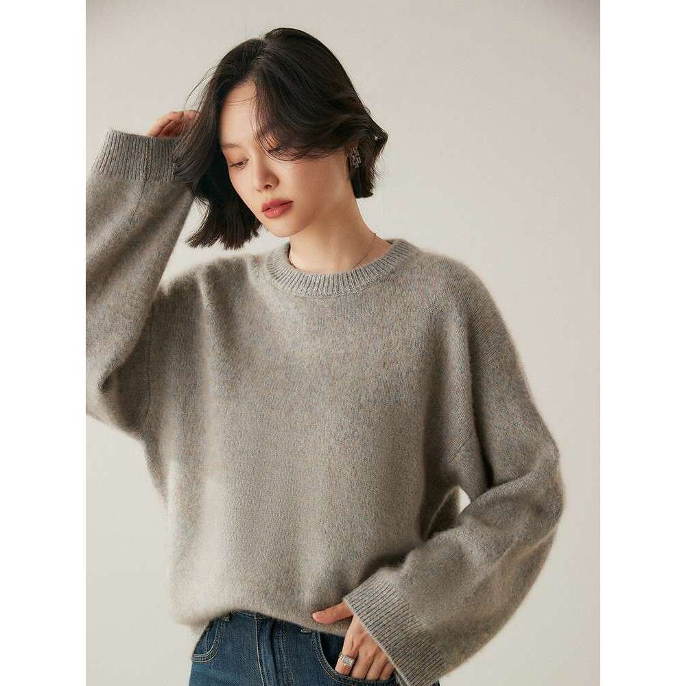 CHICUU Women 100% Sweater O-Neck Wide Sleeve Pullover Casual Simple Style Cashmere Knitwear Autumn Winter Clothing Tops