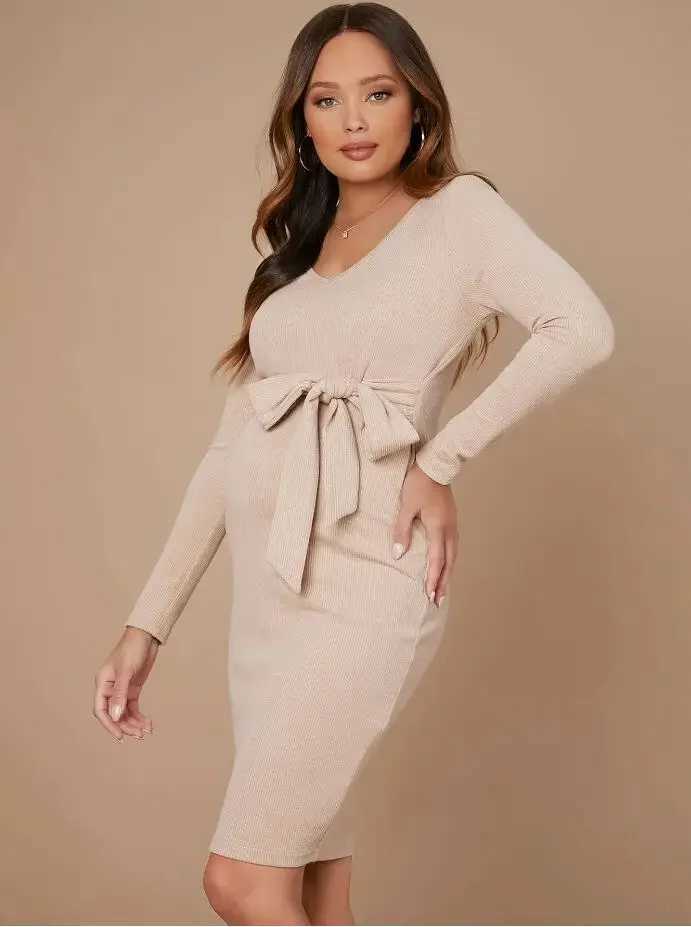 2024 Europe US V-neck tie waist long sleeved knitted maternity clothing maternity clothing W241026
