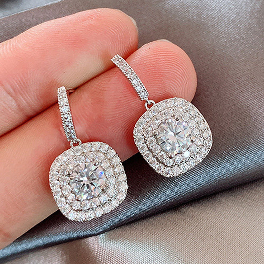 Luxury Round 925 Sterling Silver Zircon Earrings Women Pink Diamond Stud Earrings Red Crystal White Gold Earrings Wedding Jewelry