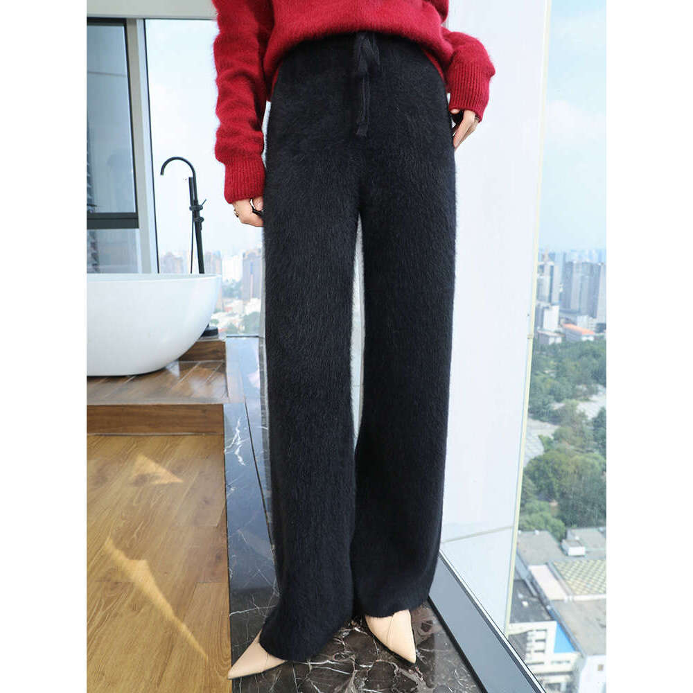 2024 Women 100% Mink Wide-Leg Autumn Winter Warm Cashmere Knitted Pants Elasticated Waist Trousers