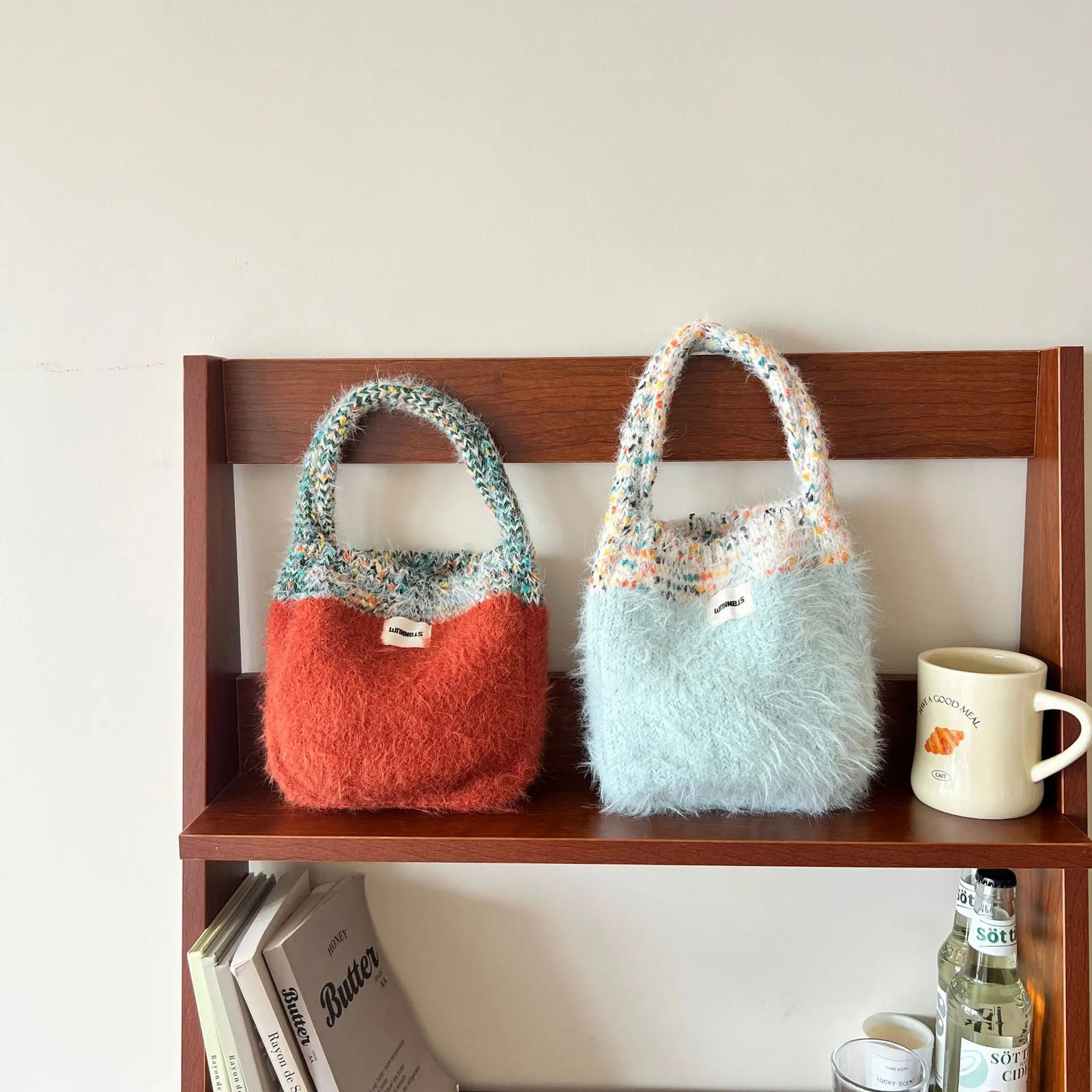 Cute Korean Knitted Handmade Shopping Bag for Women Retro Cotton Knitted Handbag Shopping Bag Large Womens Handbag Crochet Hook Bag 241025