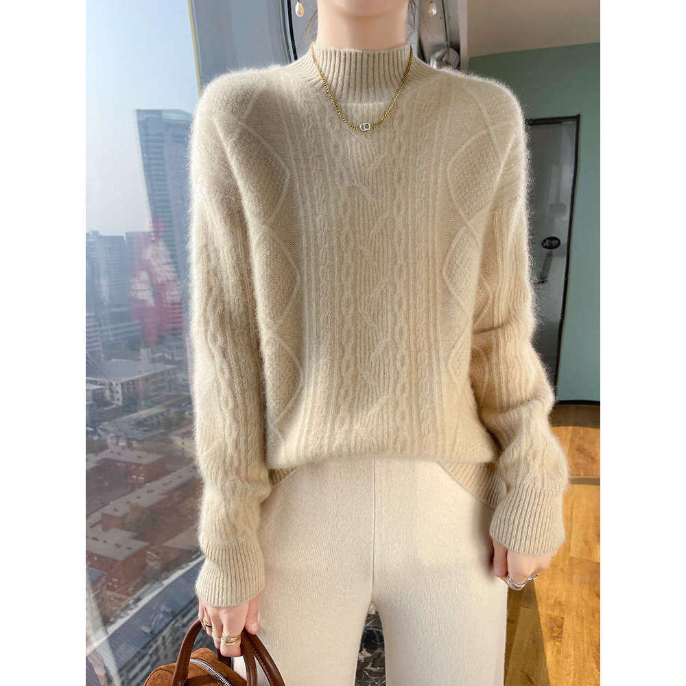 Aliselect Women Sweater Winter Spring 100% Merino Wool Mock Neck Thick Warm Pullover Twist Wer Long Sleeve Cashmere Knitwear