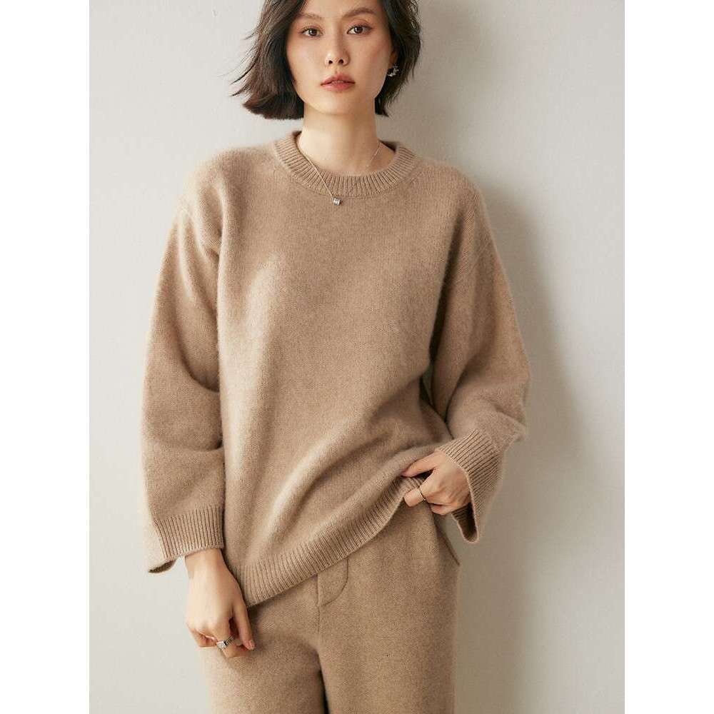 CHICUU Women 100% Sweater O-Neck Wide Sleeve Pullover Casual Simple Style Cashmere Knitwear Autumn Winter Clothing Tops