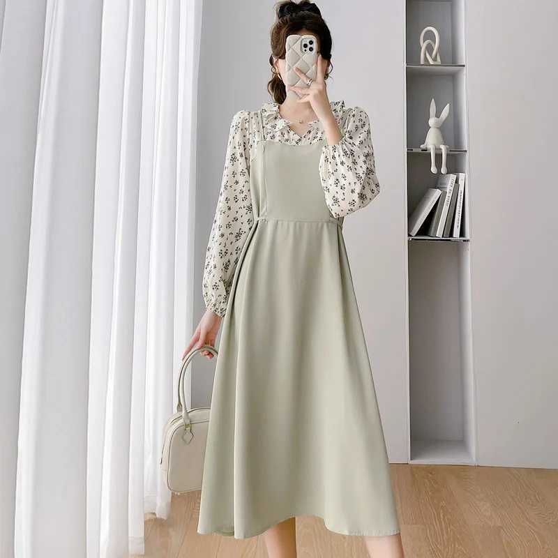 Postpartum Womens lotion Dress Spring and Autumn Flower Long Sleeve Patch Work Maternity Care Dress Chiffon Nursing Dress W241026