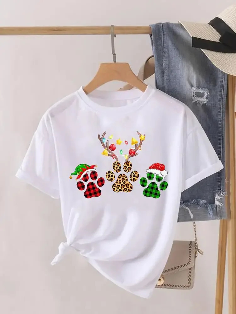 Graphic Tshirt Lady Year Short Sleeve Print Fashion Women Shirt Tee Top Paw Dog Cat Trend Cute Christmas Clothing Clothes 241025