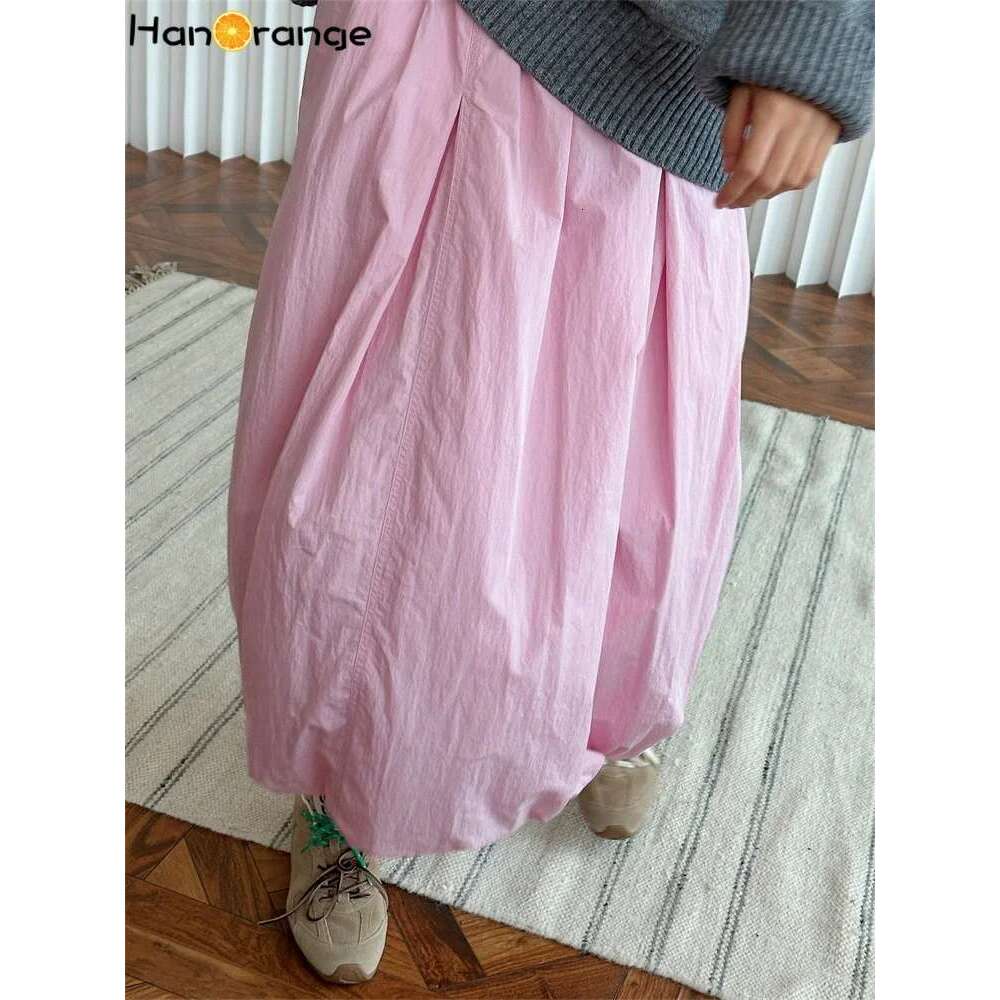 Hanorange 2024 Autumn Winter Reduced Age Bud Cotton Padded Elastic High Waist Lightweight Fluffy Skirt Pink/Gray Coffee