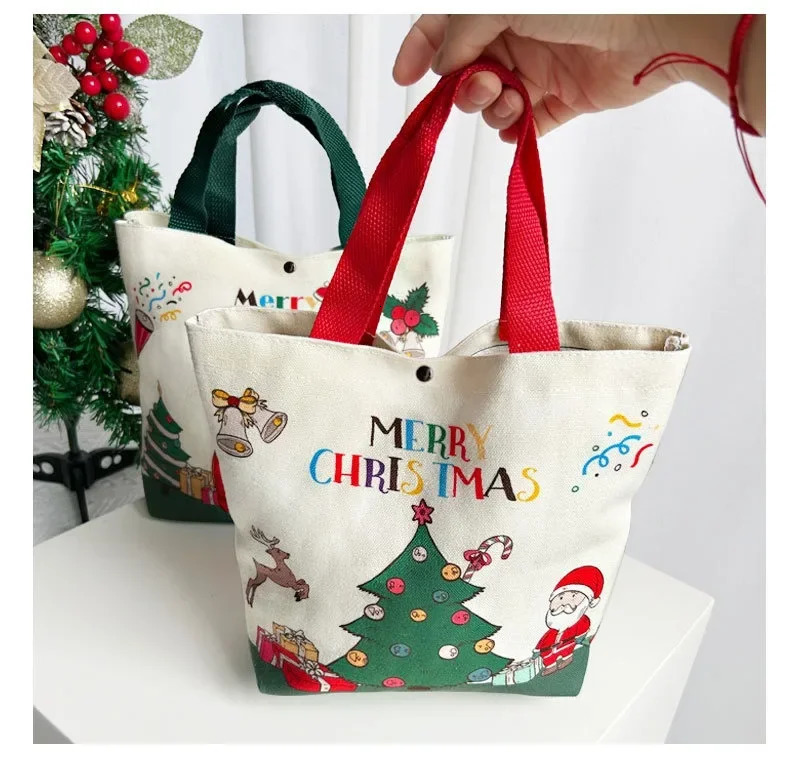 Christmas Canvas Bag Santa Claus Xmas Tree Elk Snowman Noel Bell Handheld Gift Bag Merry Christmas Decor Happy Year 2025 241025