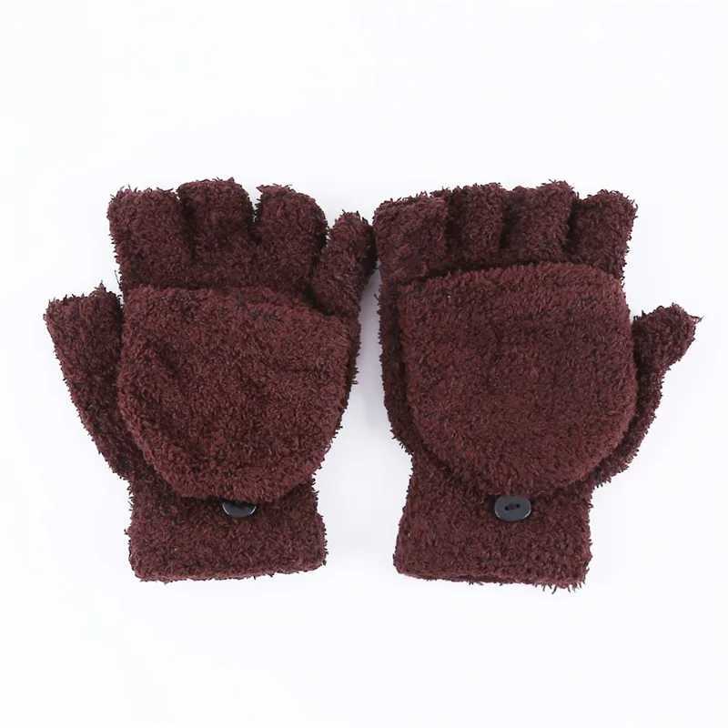 Student dual-use boys and girls warm winter coral velvet Gs convertible flip half finger Gs knitted gloves W241026