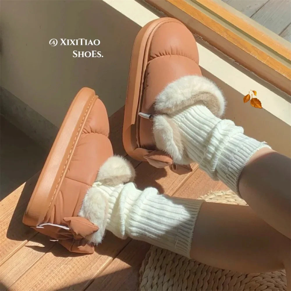 Cute Warm Ankle Boots Winter Womens Bow Warmth Plush Bow Cotton Shoes 2024 Waterproof Down Cloth Short Barrel Snow Boots 241025