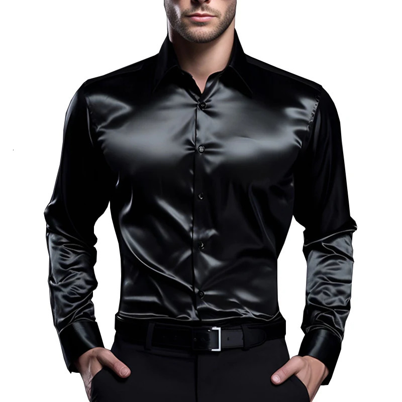 Mens Satin Dress Shirts Fashion Silk Smooth Male Tuxedo Shirt Solid Wedding Party Prom Casual Business Office 241025