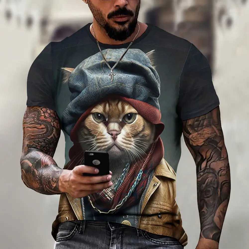 Casual mens T-shirt with stray cat pattern printed T-shirt loose short sleeved T-shirt oversized mens clothing top summer T-shirt W241026