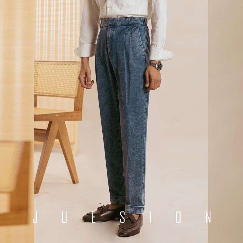 Men's Naples denim pants, English style double pleated waist button pants, business casual retro denim pants, street wear, gentlemen