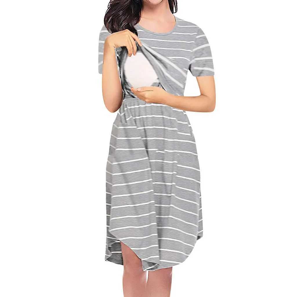 Summer maternity care striped dress maternity baby shower clothing womens pajamas multifunctional maternity nursing dress W241026