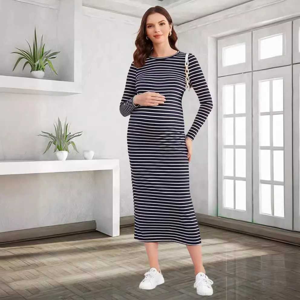 Womens summer sleeping breathable striped round neck pregnant dress comfortable for pregnant women to wear long skirts W241026