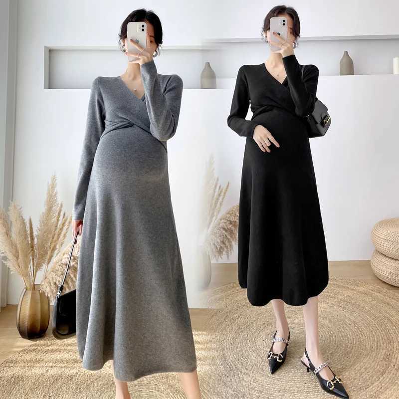 Across V-neck ultra-thin waist knitted long dress for pregnant women elegant autumn and winter maternity wear W241026