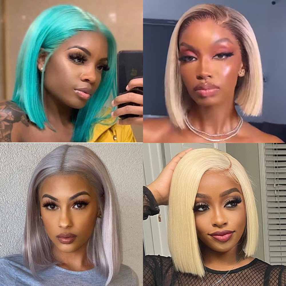 Green Short Straight Human Hair Wigs For Women 613 Blonde Colored Transparent Lace Frontal Preplucked Grey Color Bob Wig