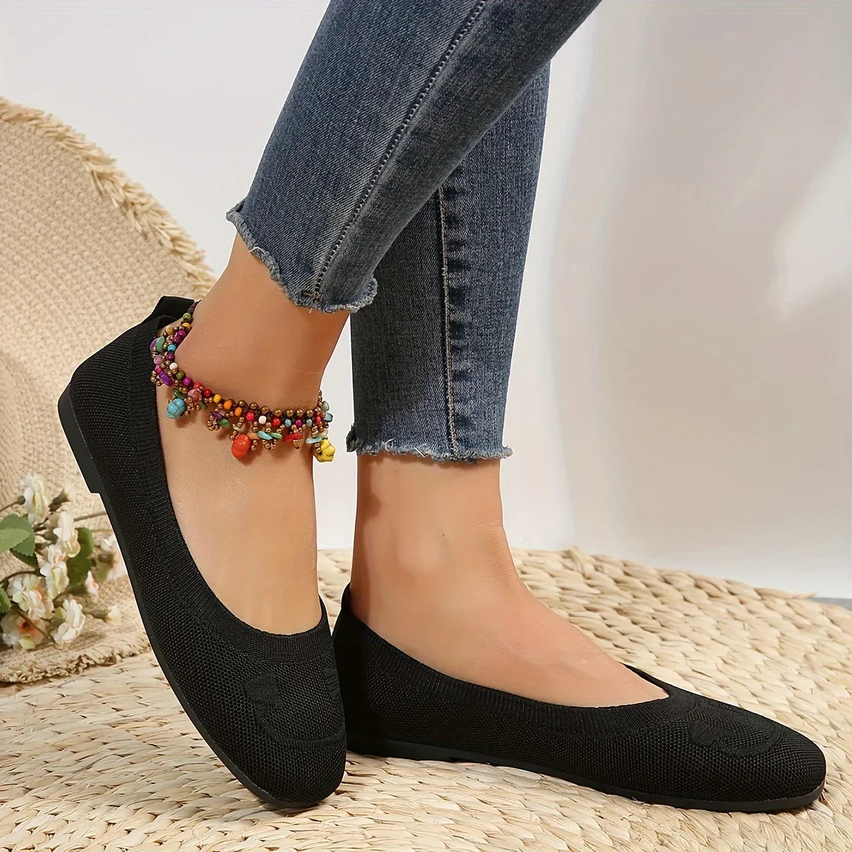 Womens flat shoes solid color knitted office shoes casual breathable ballet shoes soft mesh mule shoes womens Loafers Zapatos De Mujer 241024