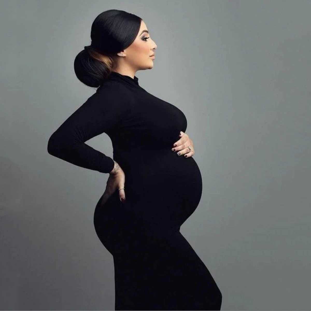 High neck full sleeved tight fitting dress for pregnant women used in photography stretch long dress for pregnant women W241026