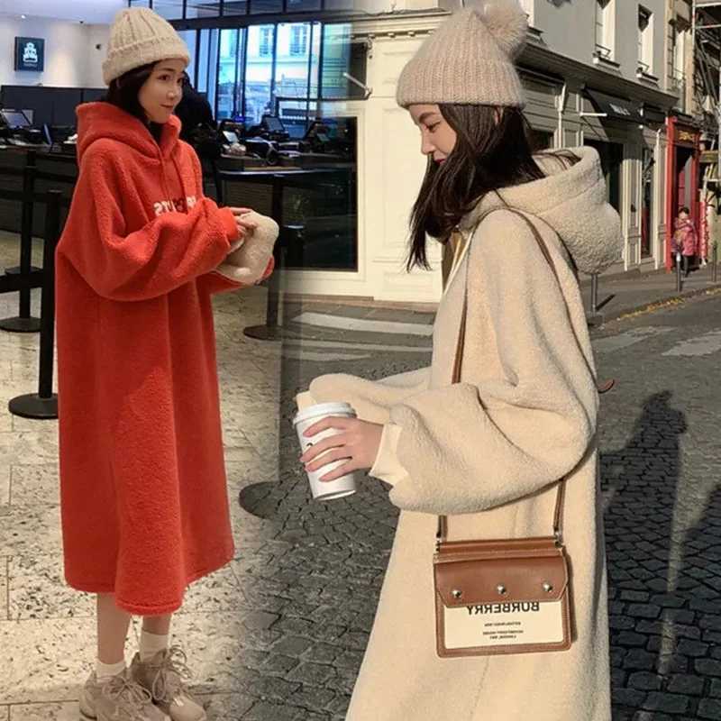 New Korean loose thick imitation fur one-piece long knee hooded cashmere sweater for pregnant women maternity dress W241026