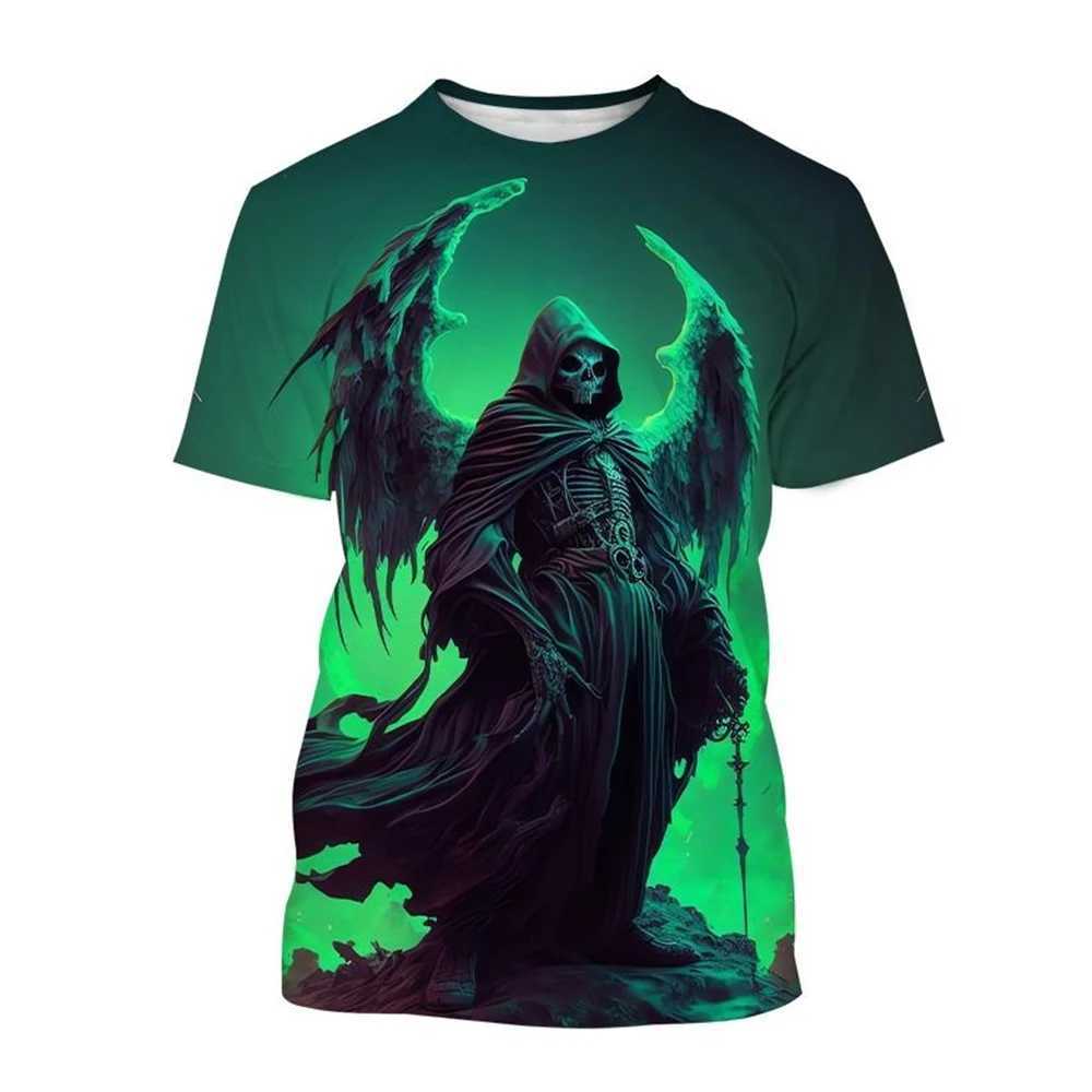 Hot selling new skeleton 3D printed mens and womens fashionable horror short sleeved flame skull casual T-shirt W241026