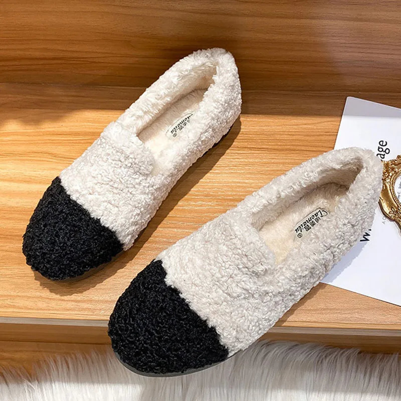 Mixed Color Curly Wool Fur Moccasins Womens Fur Apartment Ins Plush Winter Shoes Womens Thick Bottom Wool Coat Plus Size 34-43 241024
